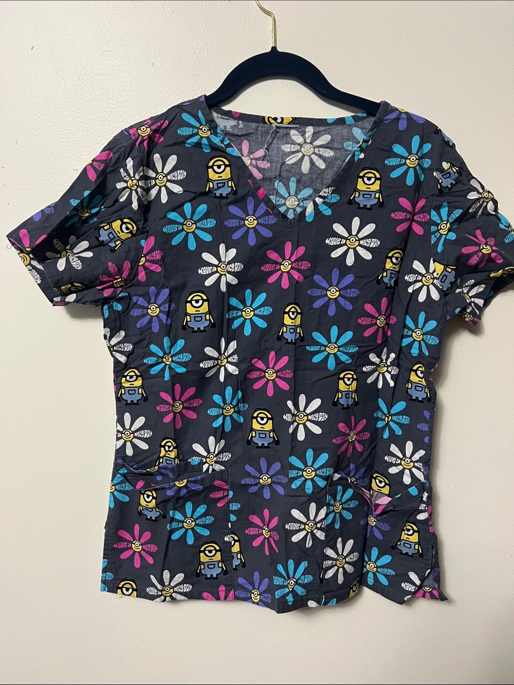 Have Black Floral Minions Print V-Neck Scrub Top